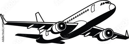 Passenger jet airplane takeoff black and white vector illustration, commercial aircraft isolated on white background for aviation transport branding