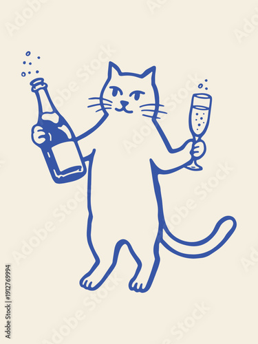 Cat holding champagne bottle and flute naive line art vector illustration