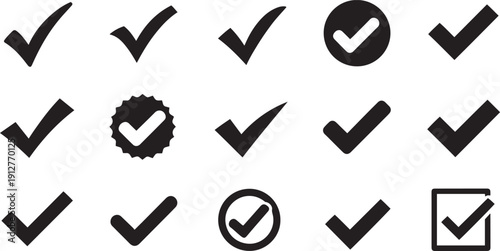 Black check marks in various styles and formats tick confirm