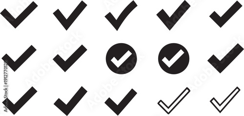Black check marks in various styles and orientations on white background tick correct