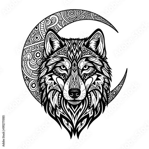 Intricate black and white illustration of a wolf head with detailed tribal patterns in front of a crescent moon.