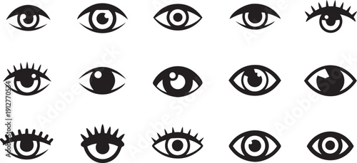 Collection of fifteen black and white eyes with varied eyelashes and expressions symbols vision sight