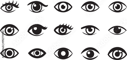 Collection of fifteen black and white eyes with varying styles and details eye symbols vision face