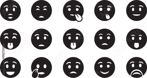 Fifteen black emoji faces with various emotions on white background emoticon facial expressions