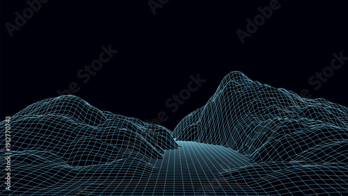 Vector mountain wireframe landscape. Technology polygonal terrain. Futuristic blue background.
