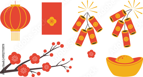 Traditional Chinese New Year icons set with red lantern envelope firecrackers plum blossom and gold ingot vector illustration