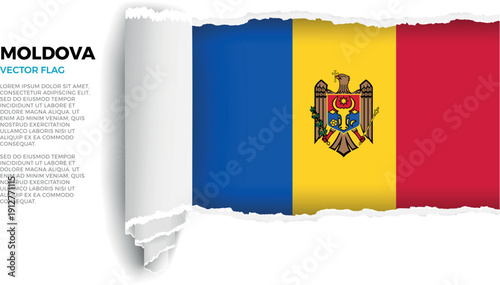 Flag of Moldova. Flag revealed through torn paper rolled up on a transparent background