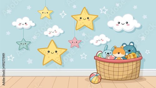 Nursery room decoration with smiling stars clouds and stuffed animals in a basket on wooden floor