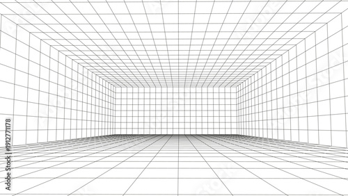 3D wireframe room on the white background. Vector perspective grid. Box with digital space.