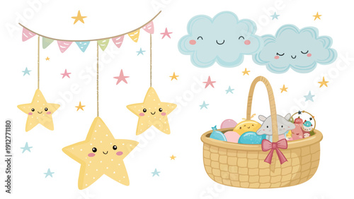 Cute nursery decoration elements with smiling stars clouds and toys in a basket for baby room design