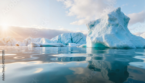 Melting glacier calving icebergs in Arctic scene, climate change impact