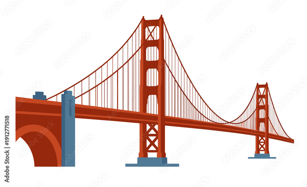 Fototapeta premium Classic Golden Gate Bridge Vector Graphic with Perspective View. San Francisco California Symbol Illustration. Iconic American Engineering Structure in Flat Style.