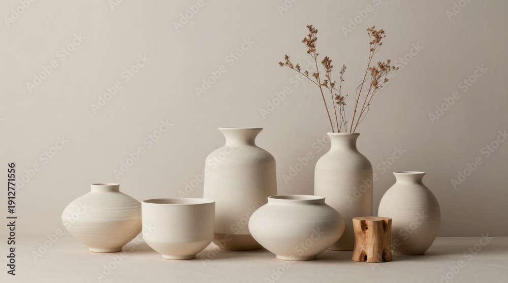 Fototapeta premium Minimalist Ceramic Vases with Dried Floral Arrangement on a Neutral Background for Interior Design