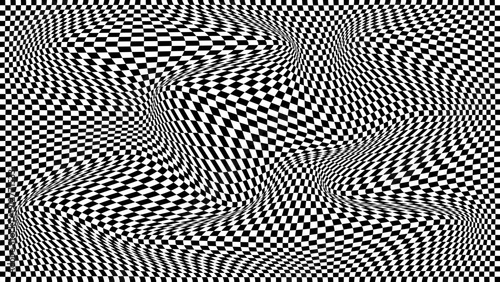 Futuristic checkerboard wave. Abstract vector wave with moving squares. Chess board black and white background.