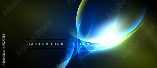 Abstract design features flowing lines, vibrant blues, yellows. Dark background emphasizes bright light effects, creating dynamic visual impact.