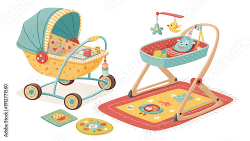 Colorful baby equipment vector set with stroller crib playmat and toys for childcare
