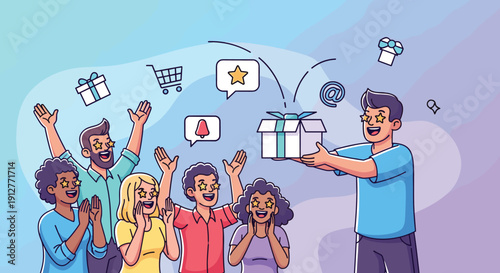 Man Giving Gift to Happy Friends.