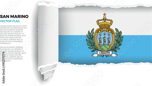 Flag of San Marino. Flag revealed through torn paper rolled up on a transparent background
