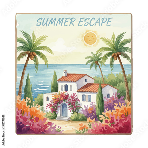 Summer Ceramic Decorative Tile Watercolor Illustration Mediterranean Style Isolated on White Background
