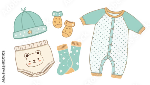 Adorable infant clothing and accessories laid out on a white background featuring a bear onesie and teal hat with white polka dots