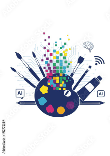 Artist painting with digital pixels creative AI technology concept silhouette vector illustration