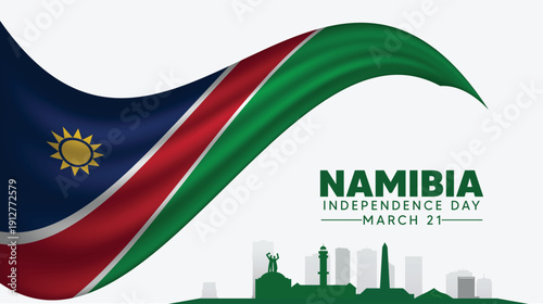 Namibia Independence Day March 21 waving flag cityscape vector poster