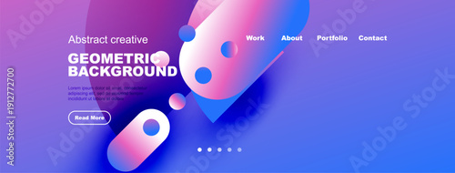 Modern website header design. Vibrant blue gradients, geometric shapes, text elements present. Clean layout, professional aesthetic.