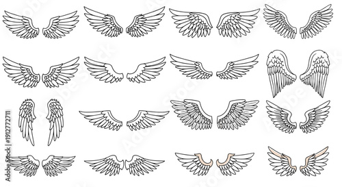 Set of hand drawn simple angel wings vector illustrations. Collection of sketch feather wing outlines. Black and white doodle design elements for logo or tattoo.