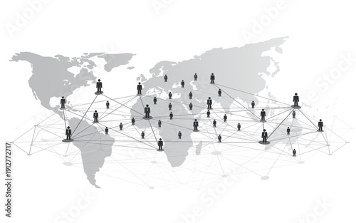 Black and White Modern Style Global Networks, Worldwide Business, IT Connections - Social Media Concept Design with Globally Connected People, Geometric Polygonal Mesh and World Map - Vector Template
