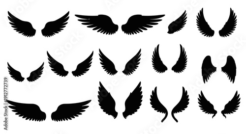Collection of black simple angel wings vector silhouettes. Set of flying bird feather shapes and icons. Isolated graphic design elements for logo, badge, or emblem.