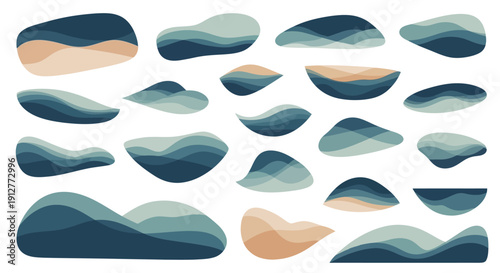 Abstract Organic Shapes Overlapping Waves and Ripples, Blue and Beige Color Palette