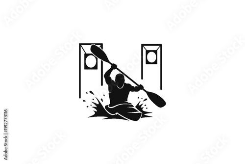 Canoe and Paddling in Competition: A dynamic silhouette of an athlete powerfully paddling a canoe, navigating a watercourse between marker posts, symbolizing strength and competitive spirit.
