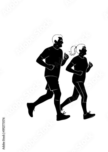  couple jogging together active elderly lifestyle and fitness silhouette vector illustration