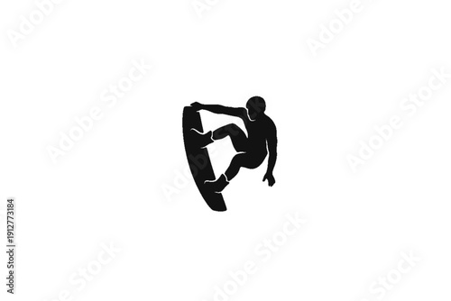 Ride the Wave of Action: A silhouette of a surfer, captured mid-air, executes a daring stunt on a surfboard, against a clean background, embodying the thrill and energy of watersports.