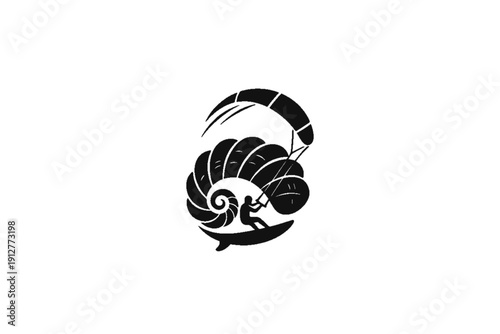 Kitesurfing Logo Concept: An emblem portraying a kitesurfer riding the waves, with a distinctive kite overhead, elegantly designed.