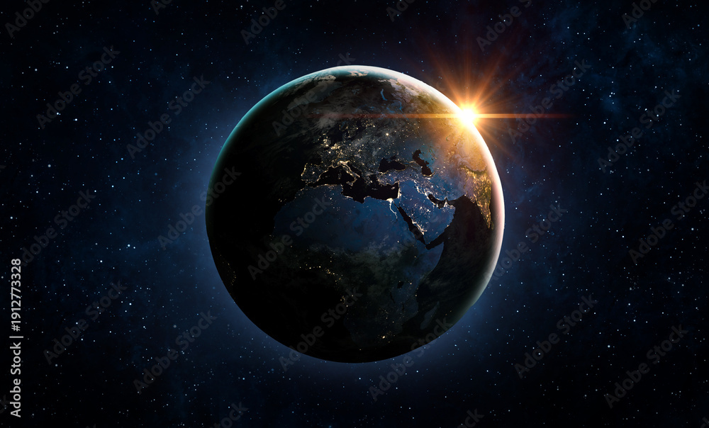 Obraz premium View from space of the sunrise over planet Earth and Sun. Elements of this image furnished by NASA.