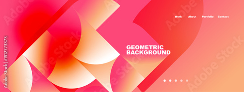 Abstract geometric shapes, vibrant colors, gradient background. Website header design with navigation options present. Modern aesthetic.