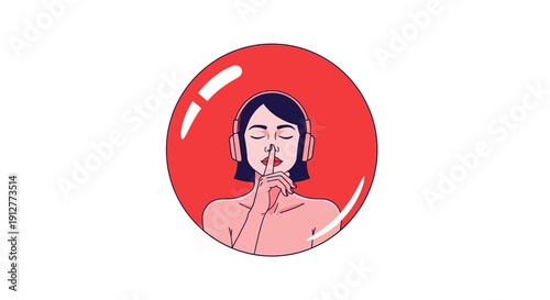 Shhh, Listen Closely: Woman in Headphones Making Silence Gesture. Pop Art Vector Icon for Quiet Focus, Meditation, Podcast, or Secret Information.