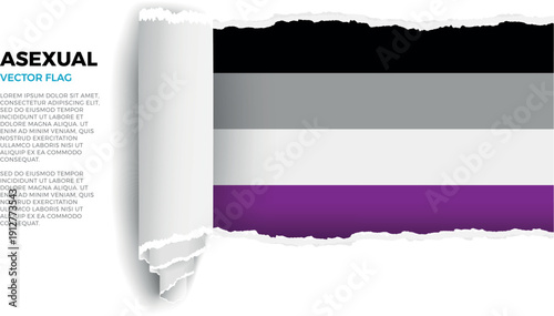 Flag of the Asexual. LGBTQ. Flag revealed through torn paper rolled up on a transparent background