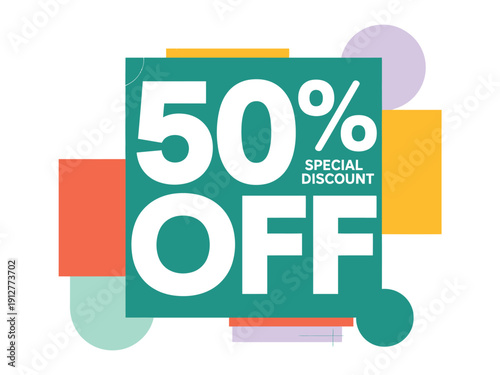 Fifty percent special discount graphic features bold white text on a teal square background.