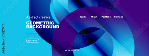 Abstract geometric background design. Vibrant blue, purple hues create modern website header. Text elements present portfolio information.