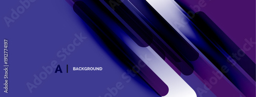 Abstract design features layered glossy ribbons. Dark blue gradients create dynamic visual effect. Minimalist style, modern aesthetic.