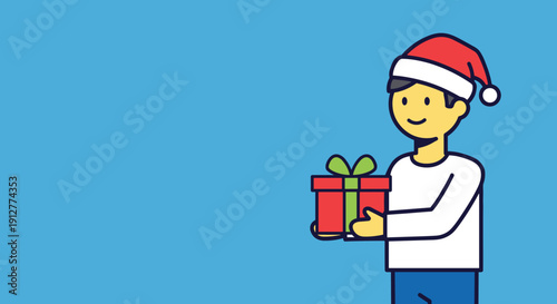 Man Wearing Santa Hat Holding Gift.
