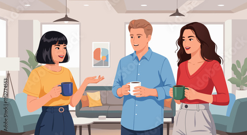 Vector illustration of three friends enjoying coffee together in a modern living room, casual conversation