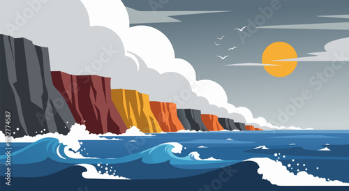 Colorful Cliffs Meeting the Waves A Vibrant Vector Illustration of a Coastal Landscape