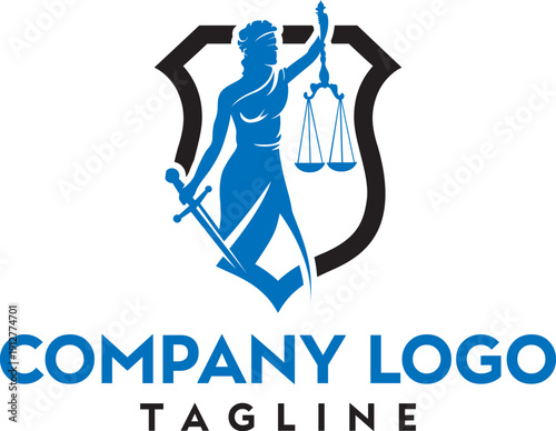 A blue and black logo features lady justice within a shield representing legal services and protection