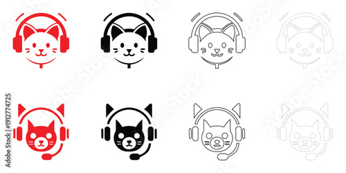 cat head with headphone icon vector, cat using headphone vector, silhouette and line art illustration