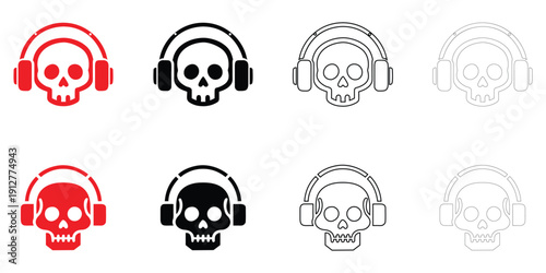 human skull with headphone icon vector, skull using headphone vector, silhouette and line art illustration