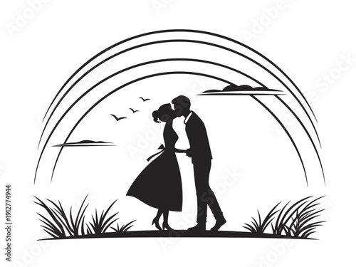 Romantic Couple Silhouette Under Rainbow Arc, Love Story Valentine Vector