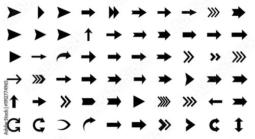 Set of Black Arrow Icons in Various Styles and Directions on White Background